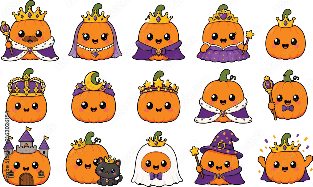 Naklejka premium Adorable Kawaii Halloween Pumpkin Clipart Collection, Royal King Queen Prince and Princess Pumpkin Characters with Crowns and Capes, Spooky Witch Ghost and Castle Vector Illustration Set.