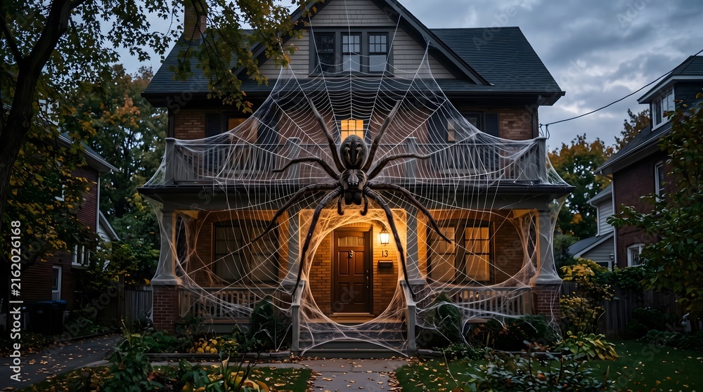 Fototapeta premium Spooky Halloween Decorated House with Giant Spider and Cobwebs.