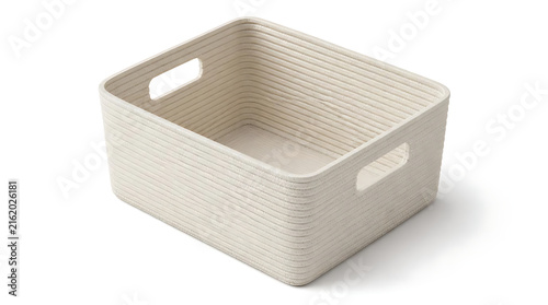 Empty White Woven Storage Basket with Integrated Handles for Home Organization Isolated on Plain White Background. Modern Neutral Color Rectangular Bin for Laundry or Closet