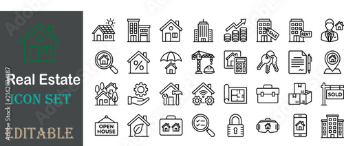 Real estate icons in a row during bright day with clean composition concept for building business