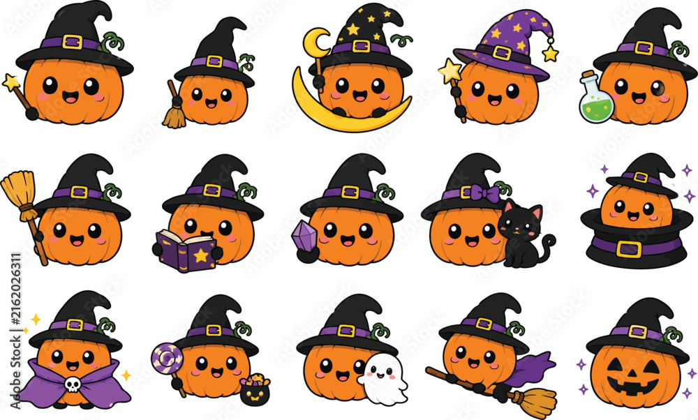 Obraz premium Kawaii Halloween Pumpkin Witch Illustration Set: Cute Jack-O-Lantern Characters with Magic Wands, Broomsticks, Black Cats, and Potions for Festive Autumn Designs and Spooky Seasonal Decor.