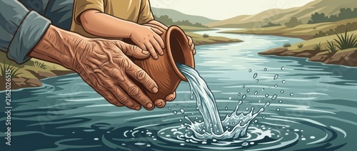 Hands pouring water from clay pot into river for ancestral ritual