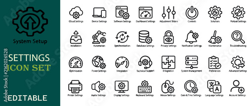 System settings icons in vector silhouette for cloud database and network management with editable elements