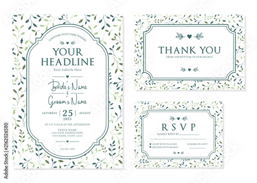 Green Botanical Leaf Wedding Invitation Suite Vector Template
