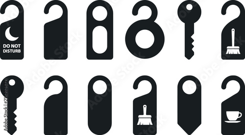 Various black hotel door hanger signs and keys in silhouette against a white background for hotel services