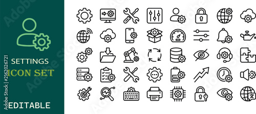 User profile gear cog setting icons for system configuration and tech support in clean vector silhouette style