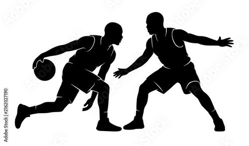 Photography Two Basketball Players Dribbling and Defending Black Silhouette Vector Art