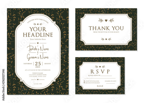 Premium Dark Green Gold Botanical Wedding Invitation Suite Vector
