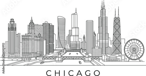Chicago Illinois Skyline Line Art with Iconic Landmarks Minimalist Architectural Outline Vector Illustration