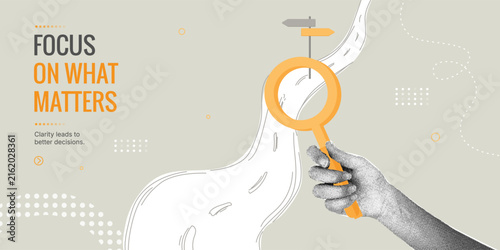 A hand using a magnifying glass to focus on direction indicators. Stylish halftone collage. Concept of business strategy and clear vision. Professional choice, mission planning, and goal-seeking visua