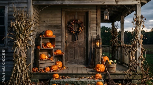 Rustic Country Porch Decorated with Autumn Pumpkins and Corn Stalks