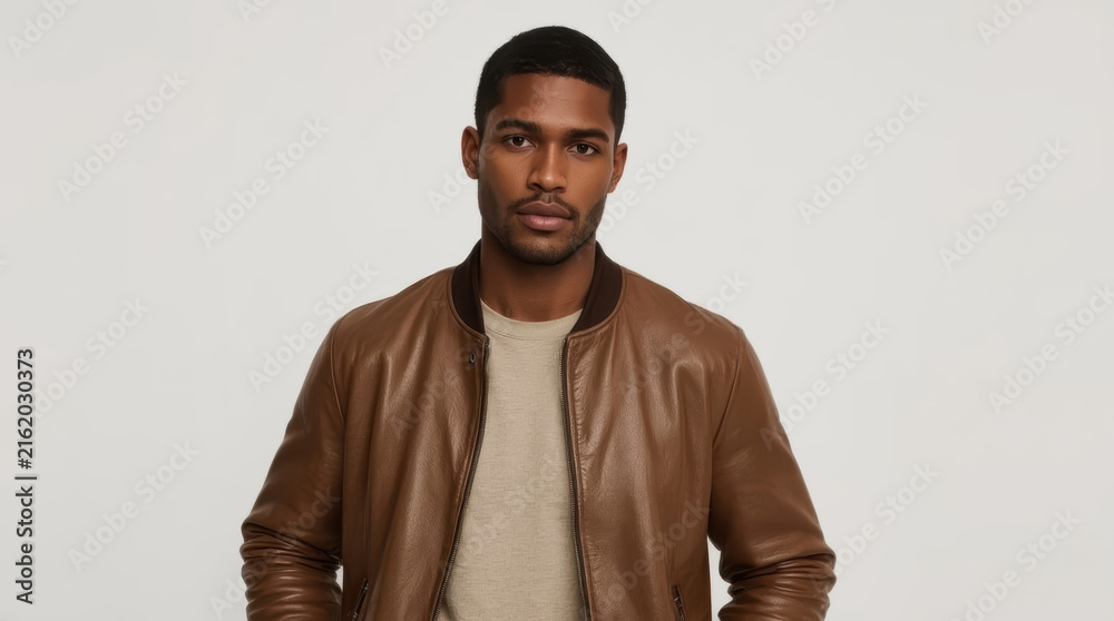 Obraz premium Man wearing leather jacket portrait with calm expression against neutral background