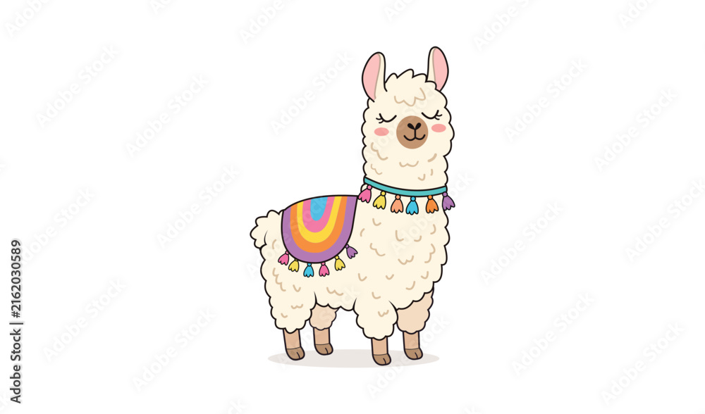 Fototapeta premium Cute cartoon llama with a colorful saddle and tassels, vector illustration of a friendly fluffy alpaca character vector