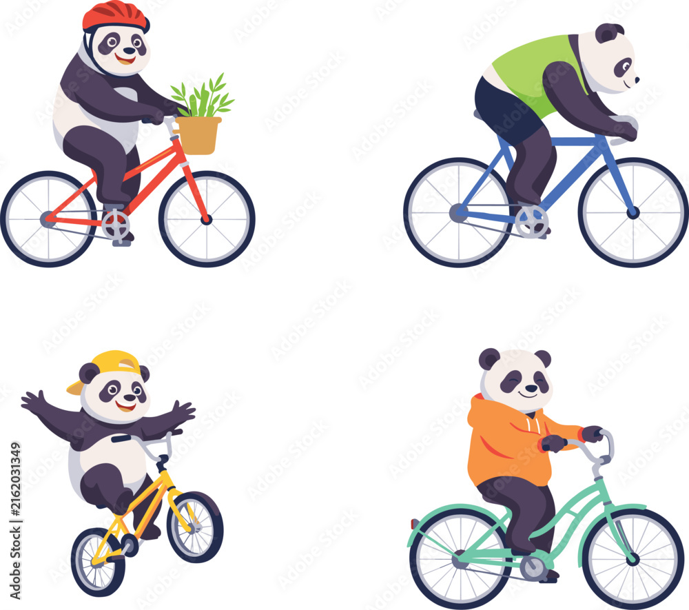 Naklejka premium Cute Panda Character Vector Set Riding Bicycles in Various Poses Wearing Helmet Hoodie and Cap for Kids Active Sports Graphic Designs