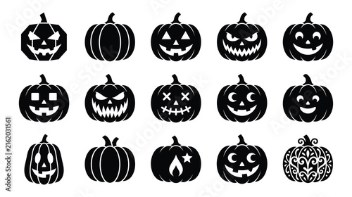 Collection of black silhouette jack o lanterns for halloween celebrations and spooky designs. vector illustration