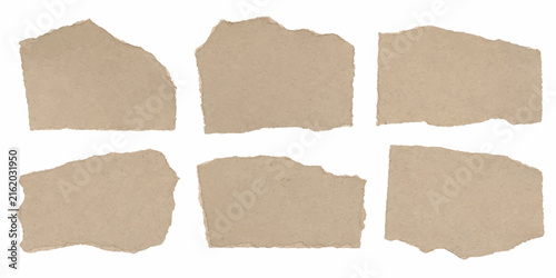 Ripped beige kraft paper piece set for journal scrapbooking note template isolated white background