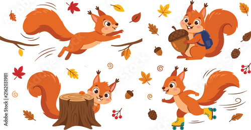 Cute Squirrel Character Vector Set with Autumn Leaves Acorns Tree Stump and Roller Skates for Seasonal Fall Graphic Patterns and Nursery Illustration