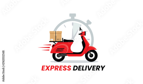 Quadro su tela Express delivery concept with a red scooter carrying a parcel box in front of a