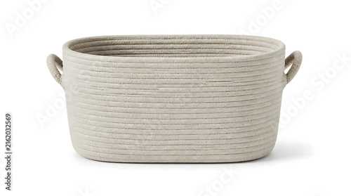 Elegant Handwoven Cotton Rope Basket in Neutral Beige for Home Storage and Nursery Organization Isolated on White Background with Dual Handles for Convenient Carrying Utility.