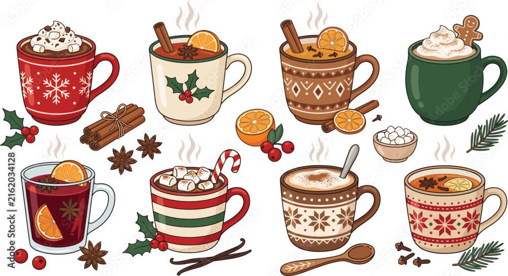 Fototapeta premium Christmas holiday winter hot drinks collection featuring mulled wine cocoa with marshmallows cider coffee mugs and spices flat vector illustration