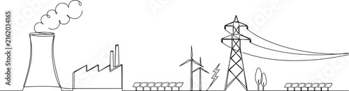 Continuous Line Drawing of Power Plant and Energy Production.one line vector illustration with white Background