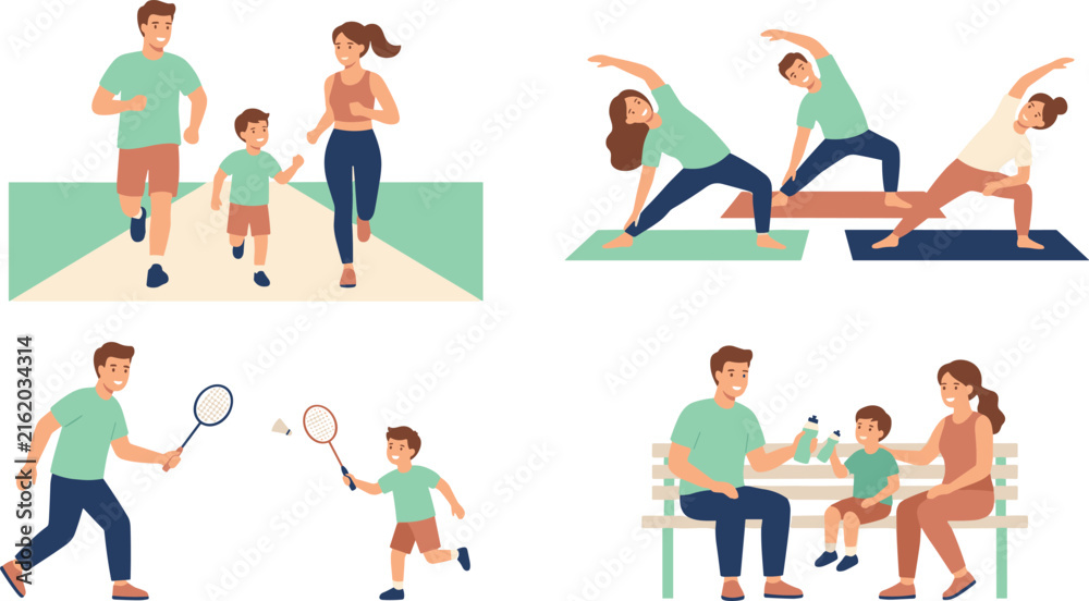 Fototapeta premium Happy Family Active Lifestyle Character Set with Parents and Son Jogging Doing Yoga Exercises Playing Badminton and Resting on Bench