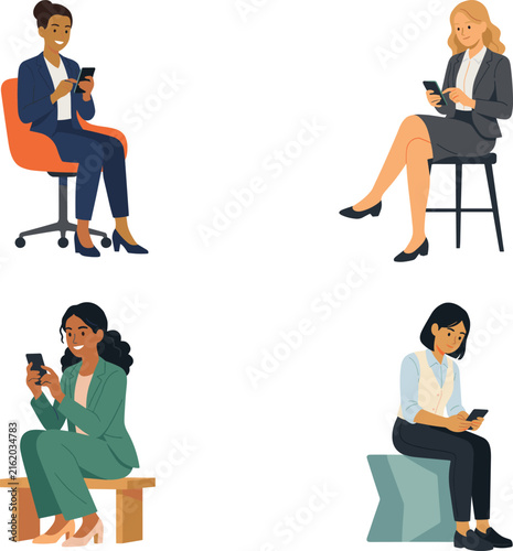 Businesswomen Character Vector Set Sitting and Using Smartphones for Corporate Office Digital Communications Web and Mobile App Designs