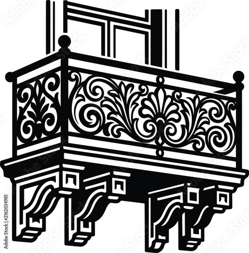 Ornate wrought iron balcony with window vector illustration icon.