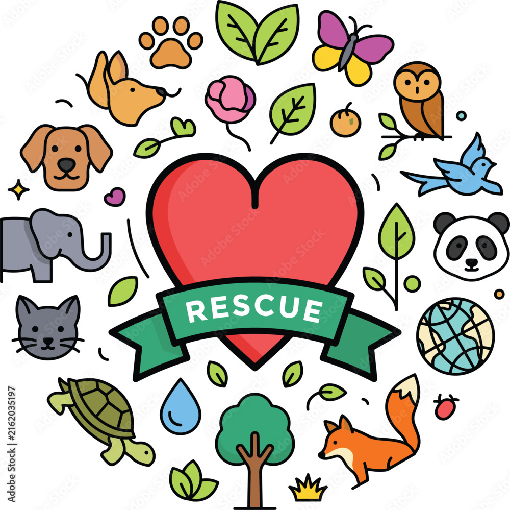 Fototapeta premium Animal Rescue Badge with Heart and Cute Wildlife Illustration