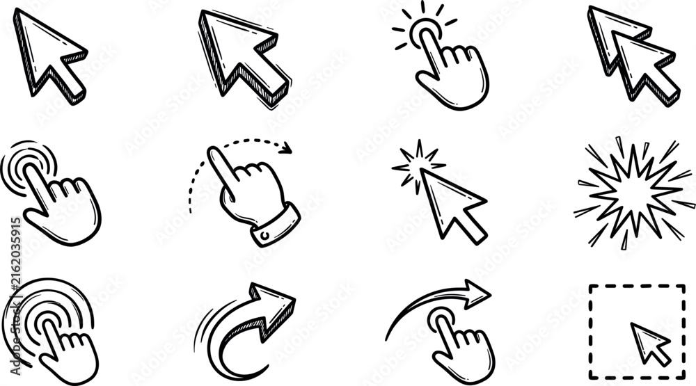 Obraz premium Cursor Click and Touch Gesture Outline Icon Set for Mouse Pointer, User Interaction, Navigation and Interface Controls