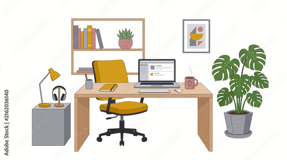 Fototapeta premium Home Office Workspace with Laptop Desk and Yellow Chair Illustration