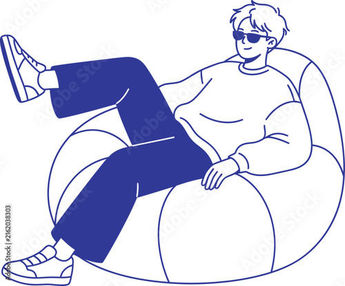 Young Man Relaxing on Bean Bag Chair – Minimal Line Art Illustration