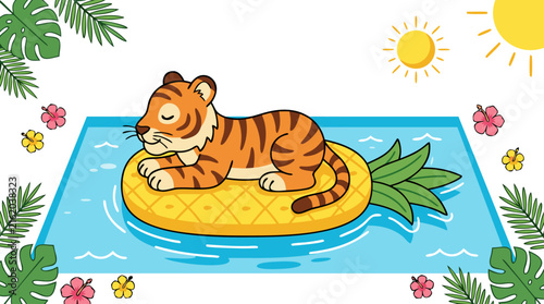 Relaxed Cartoon Tiger Lounging on Pineapple Float in Tropical Water