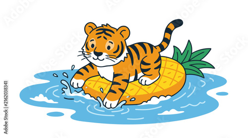 Cartoon Tiger Floating on Pineapple in Water