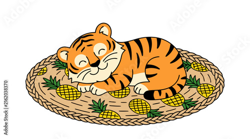 Cartoon Tiger Cub Resting on Woven Pineapple Mat