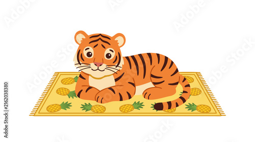 Cartoon Tiger Cub Relaxing on Tropical Mat with Pineapples