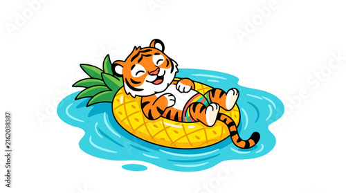 Cartoon Tiger Relaxing on Pineapple Float in Water
