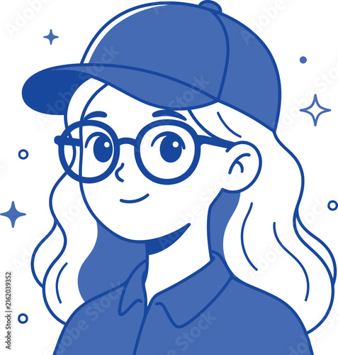 Minimal Line Art Portrait of Young Woman Wearing Glasses and Cap Vector Illustration
