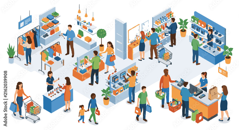 Naklejka premium Isometric People Shopping Activity Vector for Modern Retail Experience