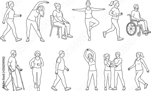 Set of diverse people line art vector illustrations showing various fitness, wellness, walking, and accessibility poses.