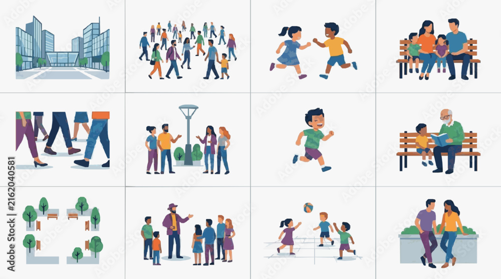 Fototapeta premium Elegant Colorful Illustrations of Diverse Community Activities in Urban and Park Settings with high quality professional line art symbols for modern creative design and digital branding projects