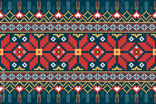 seamless knitted pattern. Pixel geometric ethnic embroidery traditional style pattern, damask, pixel textile fabric illustration	

