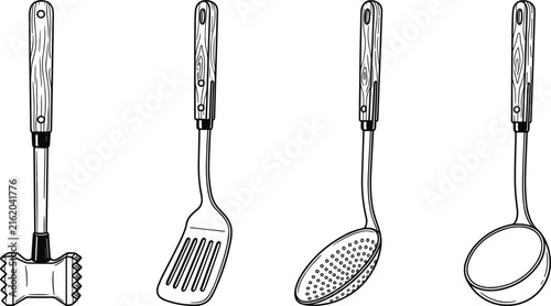 Fotografía Kitchen cooking utensils, culinary tools, and food preparation equipment vector