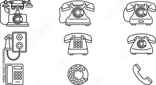  Vintage rotary telephones, classic landline communication devices, and telephone receiver line art vector icon set featuring antique hand-crank phone, and handset symbol.eps