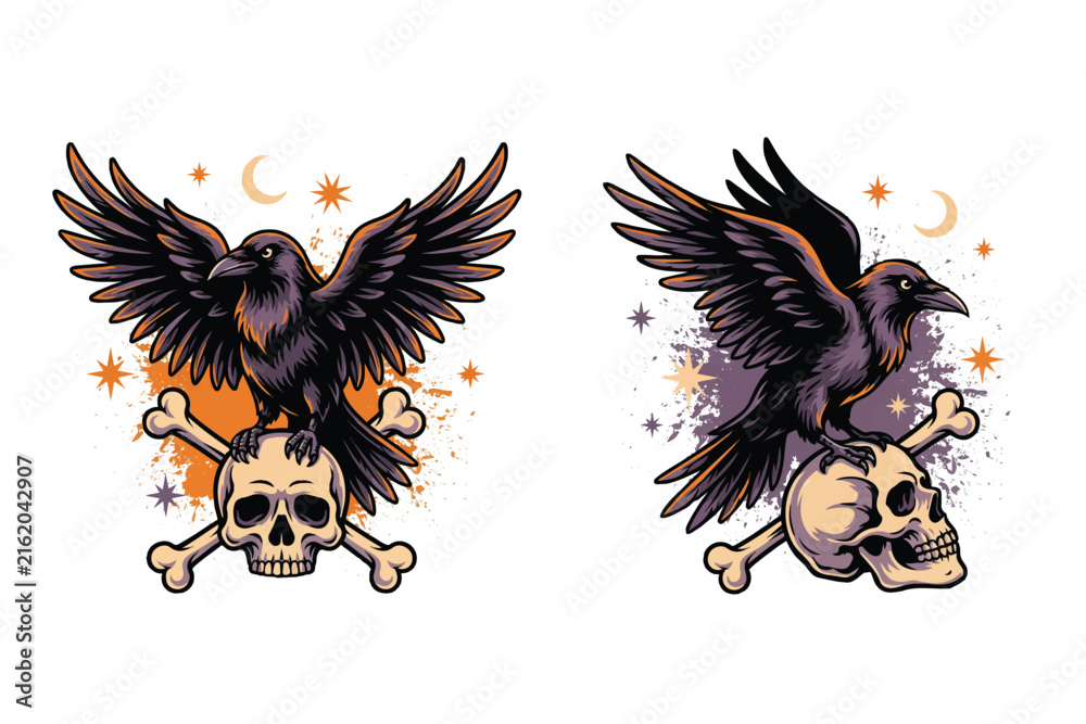 Naklejka premium Dark Raven Perched on Skull Halloween Gothic Vector Artwork Isolated on White Background