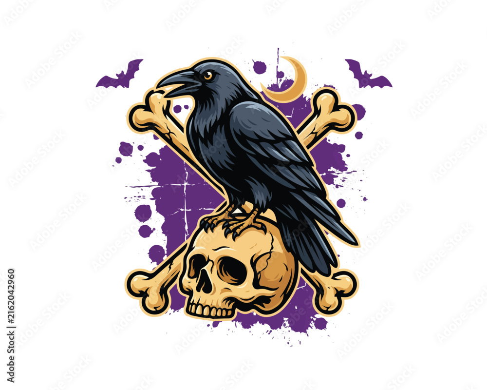 Naklejka premium Spooky Raven and Skull Gothic Horror Vector Illustration Isolated on White Background