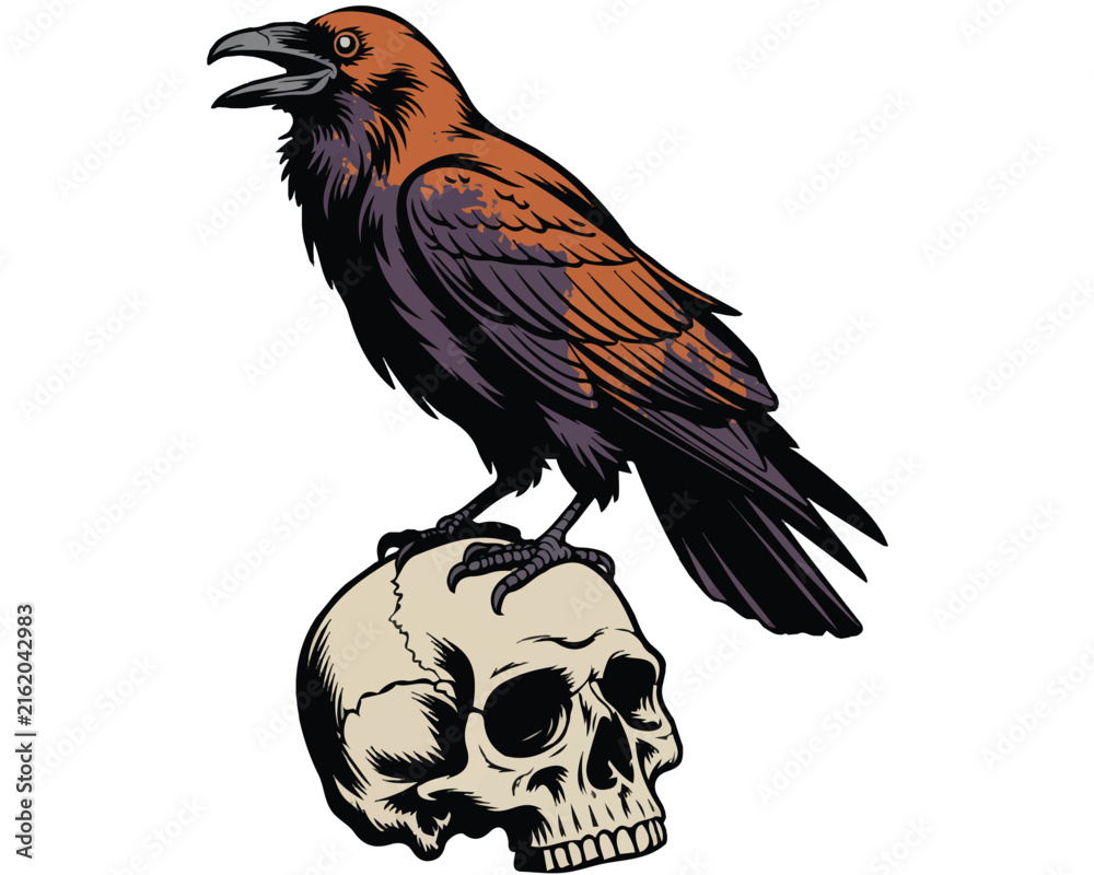 Naklejka premium Dark Raven Perched on Skull Halloween Gothic Vector Artwork Isolated on White Background