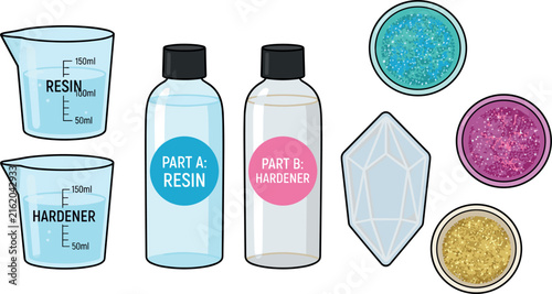 Epoxy Resin Craft and DIY Jewelry Supplies Vector Set with Liquid Resin Hardener Bottles Measuring Beakers Silicone Mold and Colorful Glitter Pots