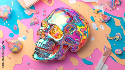 Vibrant Holographic Skull in Surreal Art Studio - Abstract Digital Illustration with Bold Colors and Swirling Patterns