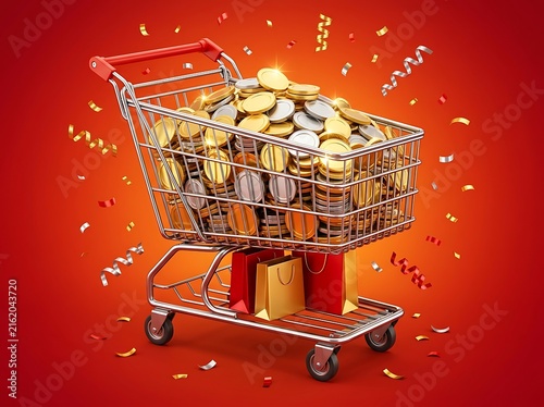 Shopping cart full of gold coins on a red background